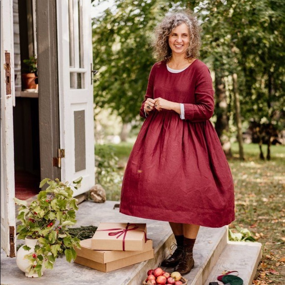 Son de Flor long sleeve smock dress in Marsala red